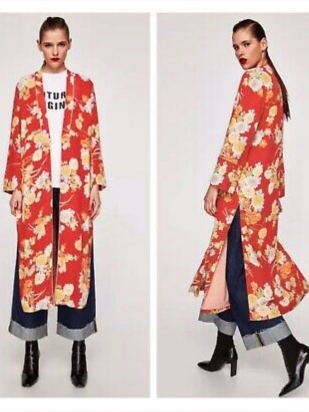 TRF ZARA kimono light coat japanese floral overcoat cover boho hippie S/M maxi